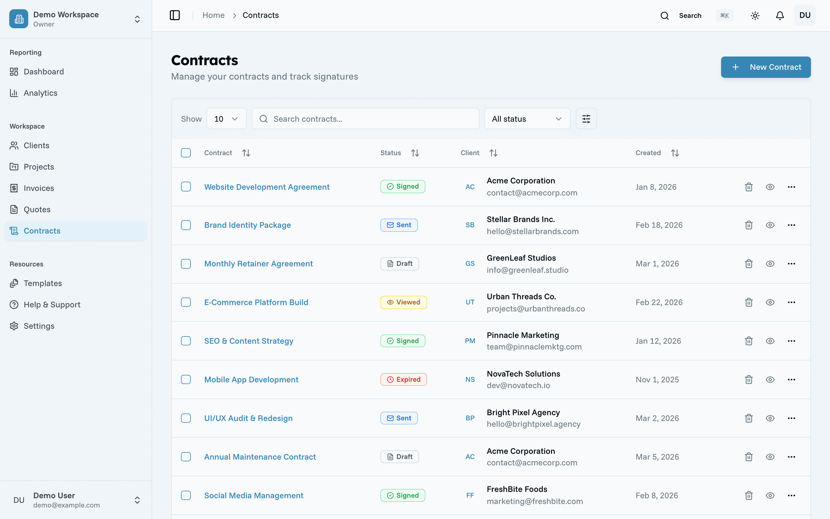 QuoteCraft contracts management with status tracking