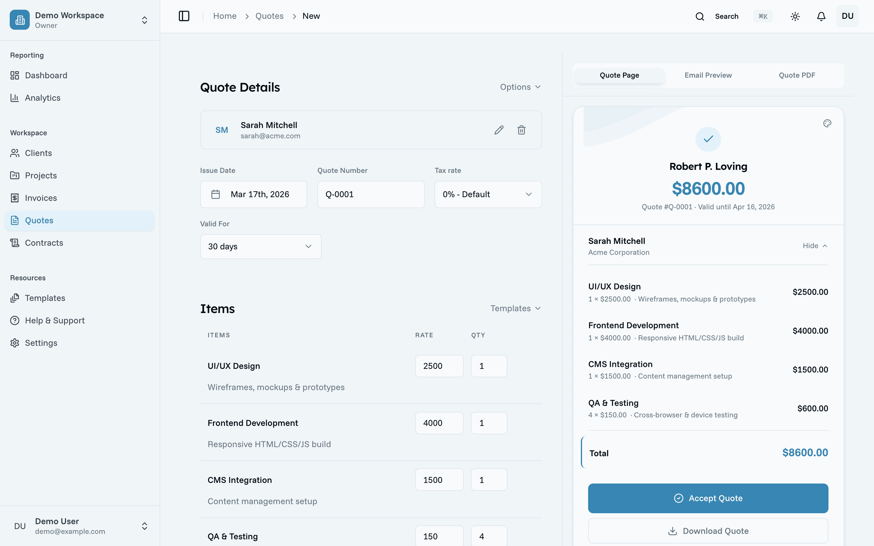 QuoteCraft quote builder with live preview panel
